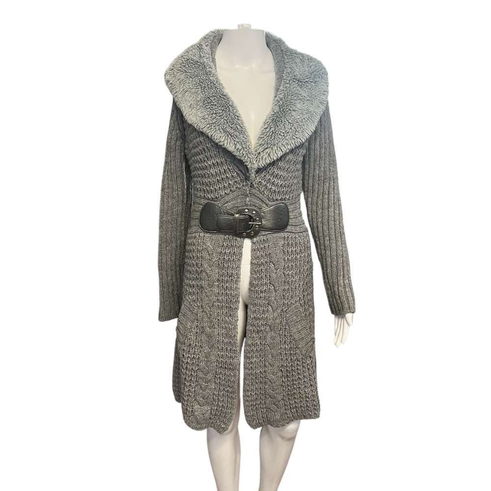 Midnight Velvet Women’s Stylish Gray Knit Cardigan with Faux Fur Collar Sz S-LG